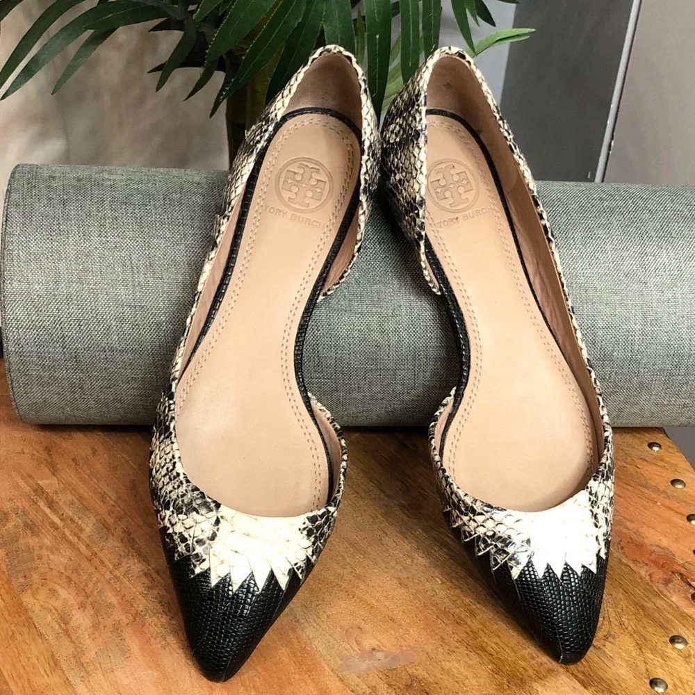 Tory Burch Black and Cream Snakeskin Pointed Flats